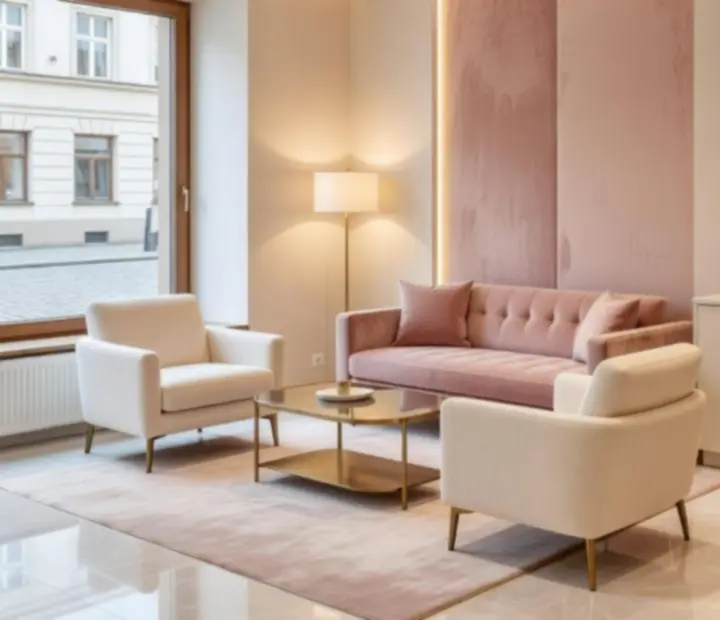Nowoczesne biuro NAXSOL ENTERPRISES LTD z detalami w stylu cashmere rose