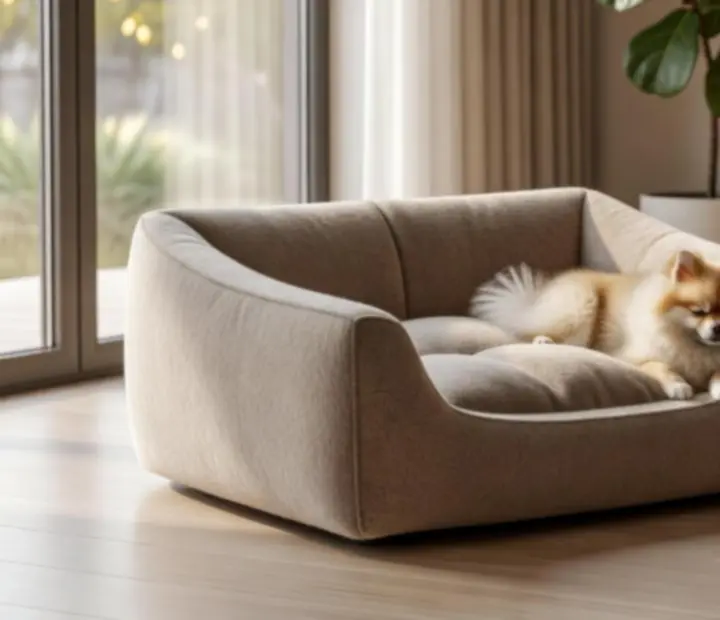 Designer legowisko i sofa dla psa w eleganckim, nowoczesnym salonie