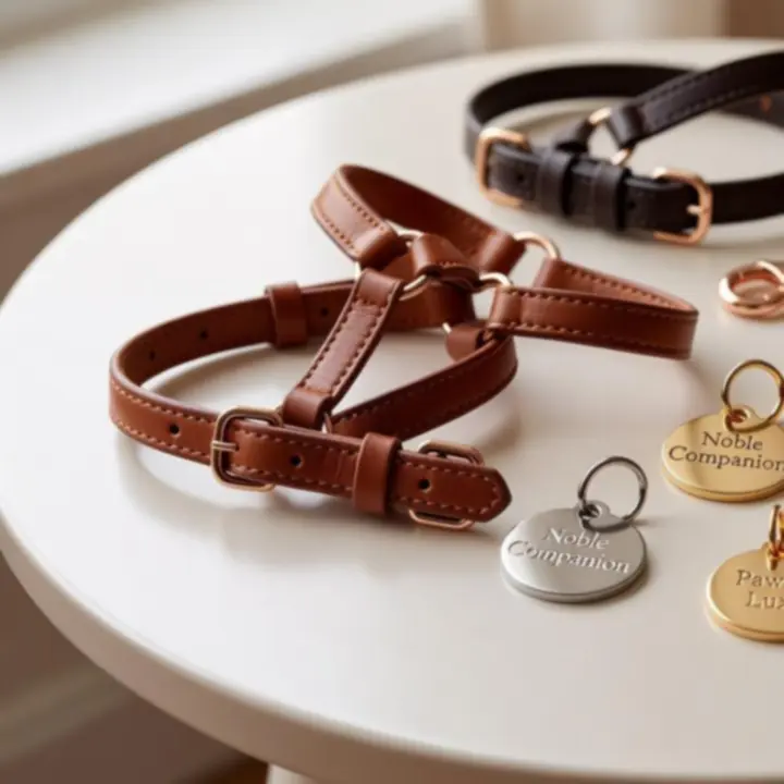 Stół z designerskimi akcesoriami dla psów i kotów, w tym luksusowymi obrożami i miskami