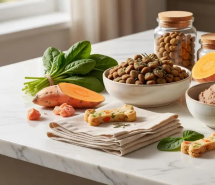 Miski z gourmet karmą dla zwierząt i naturalnymi składnikami na eleganckim stole