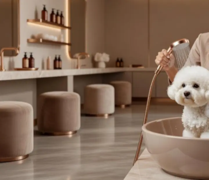 Doświadczony groomer wykonujący organiczną pielęgnację psa